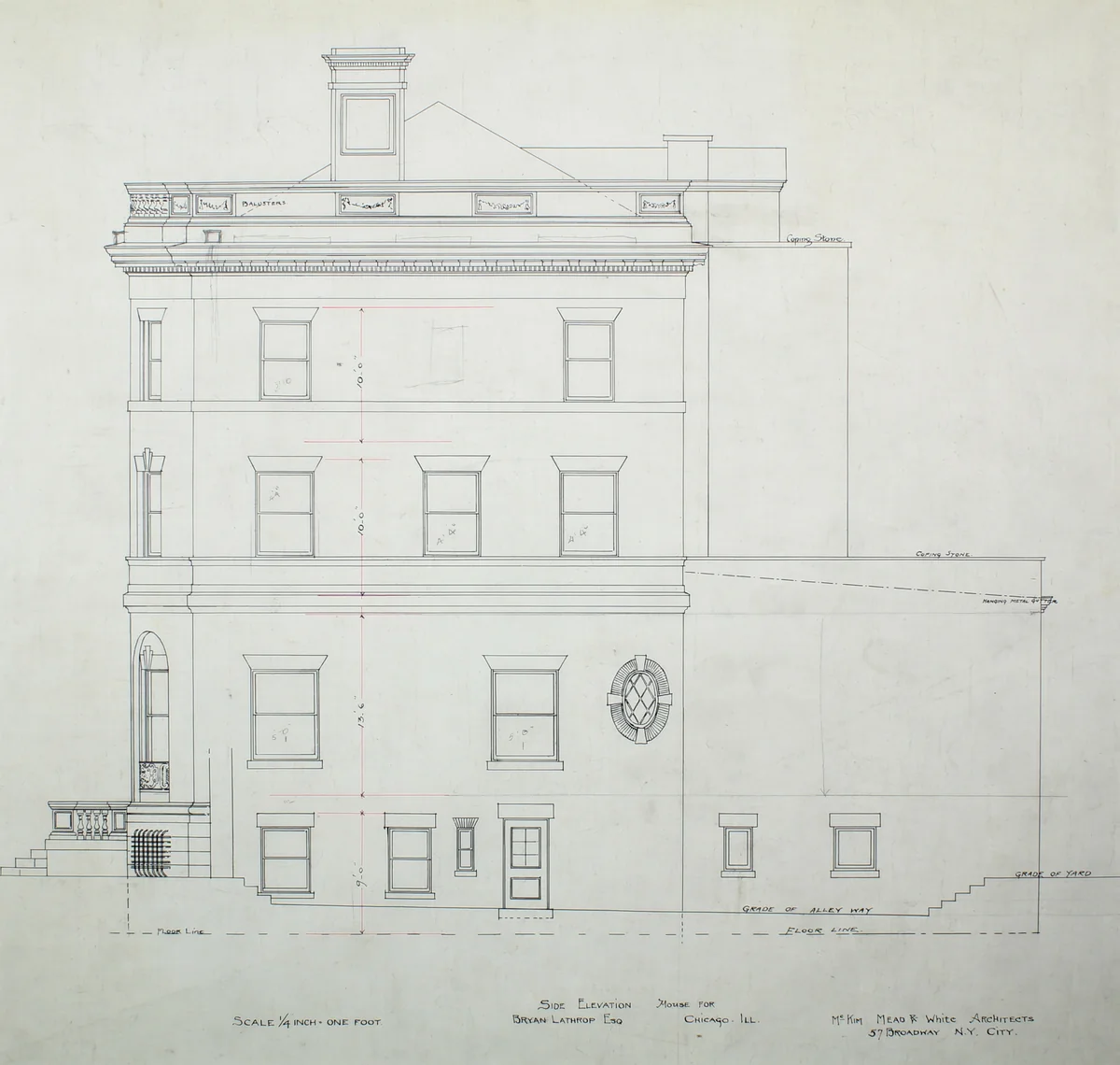 Bryan Lathrop House, Chicago, Illinois, Side Elevation by McKim, Mead and White, drawing, 1887-1897