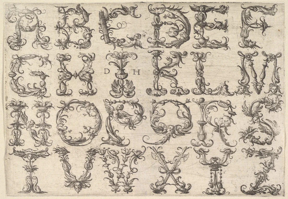 Ornamented Roman Majuscule Alphabet by Daniel Hopfer, print, 1515-1525