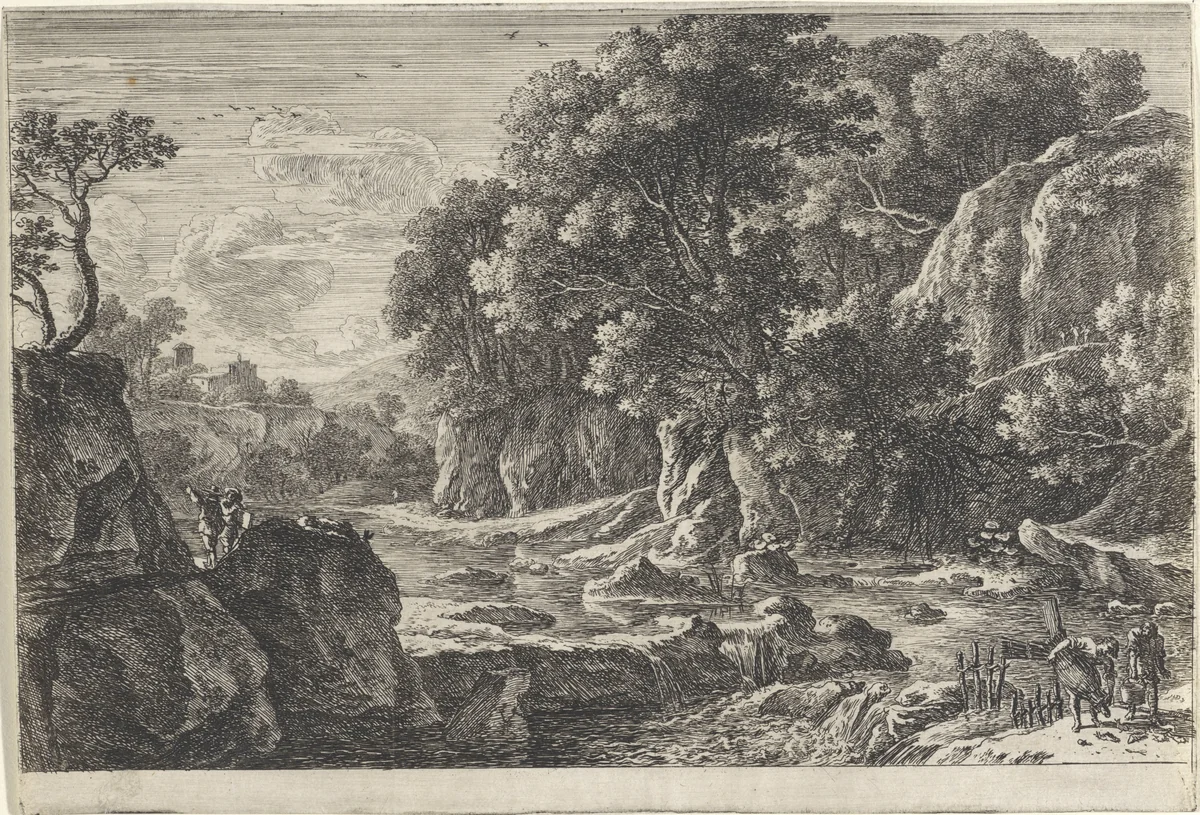 Rivierlandschap met twee vissers by Herman van Swanevelt, print, 1643-1655