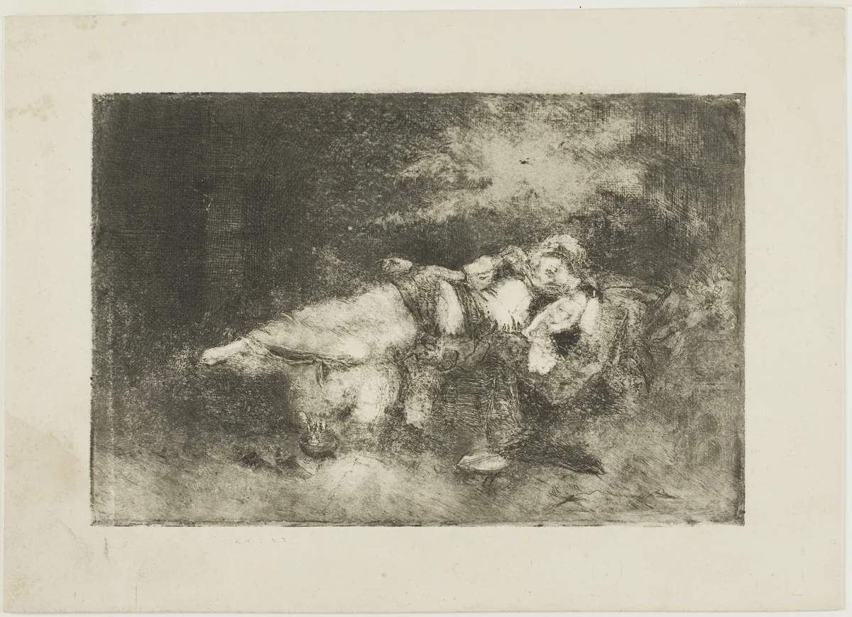Reclining Woman with a Child by Domenico Morelli, print, 1890-1899
