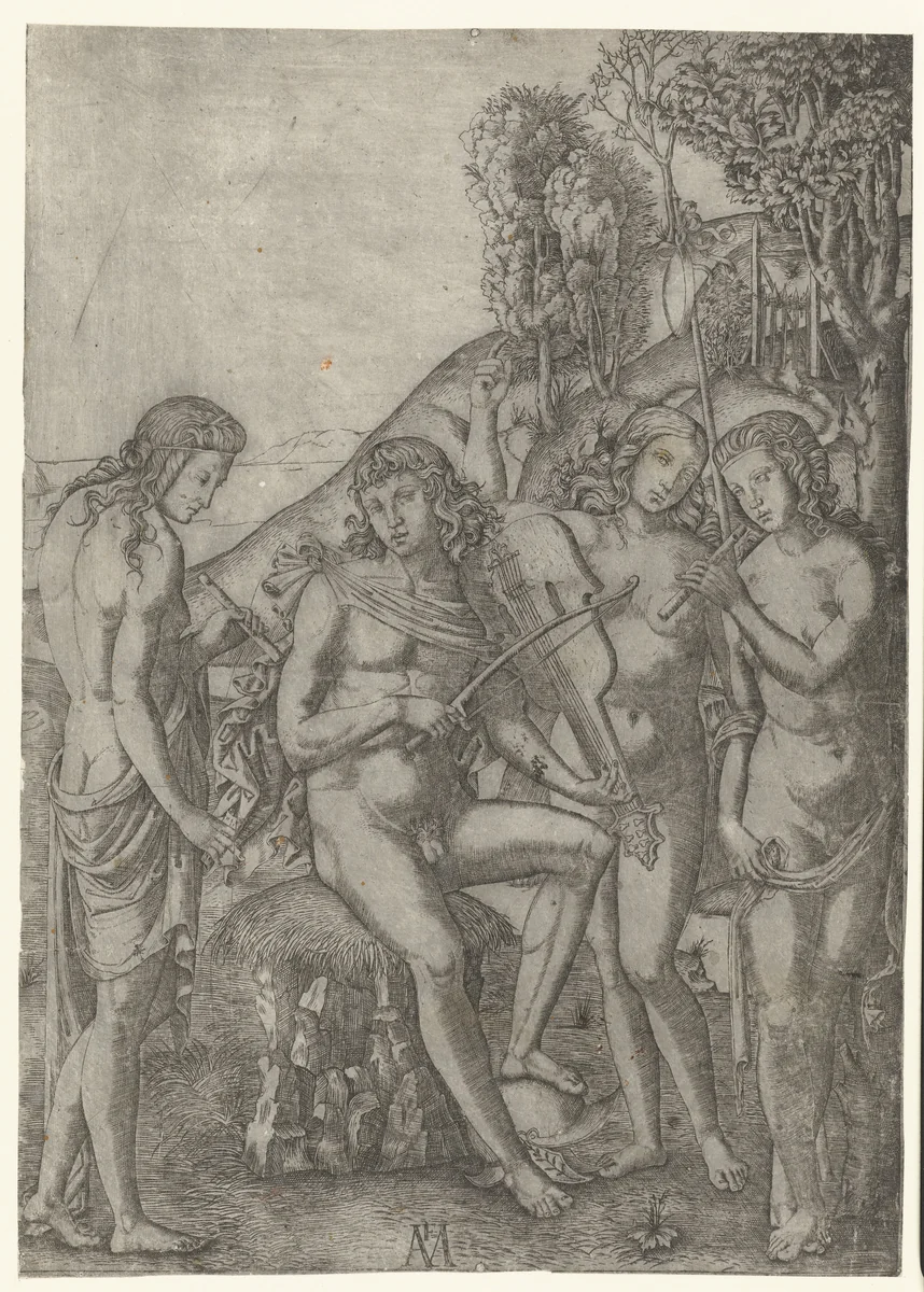 Vioolspeler met drie vrouwen by Unknown, print, 1510-1527