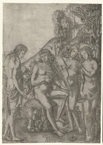 Vioolspeler met drie vrouwen by Unknown, print, 1510-1527