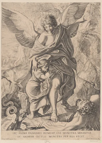 Guardian angel leading a child through danger, with a snake at lower left and a demon at lower right by Domenico Maria Bonavera, print, 1670-1731