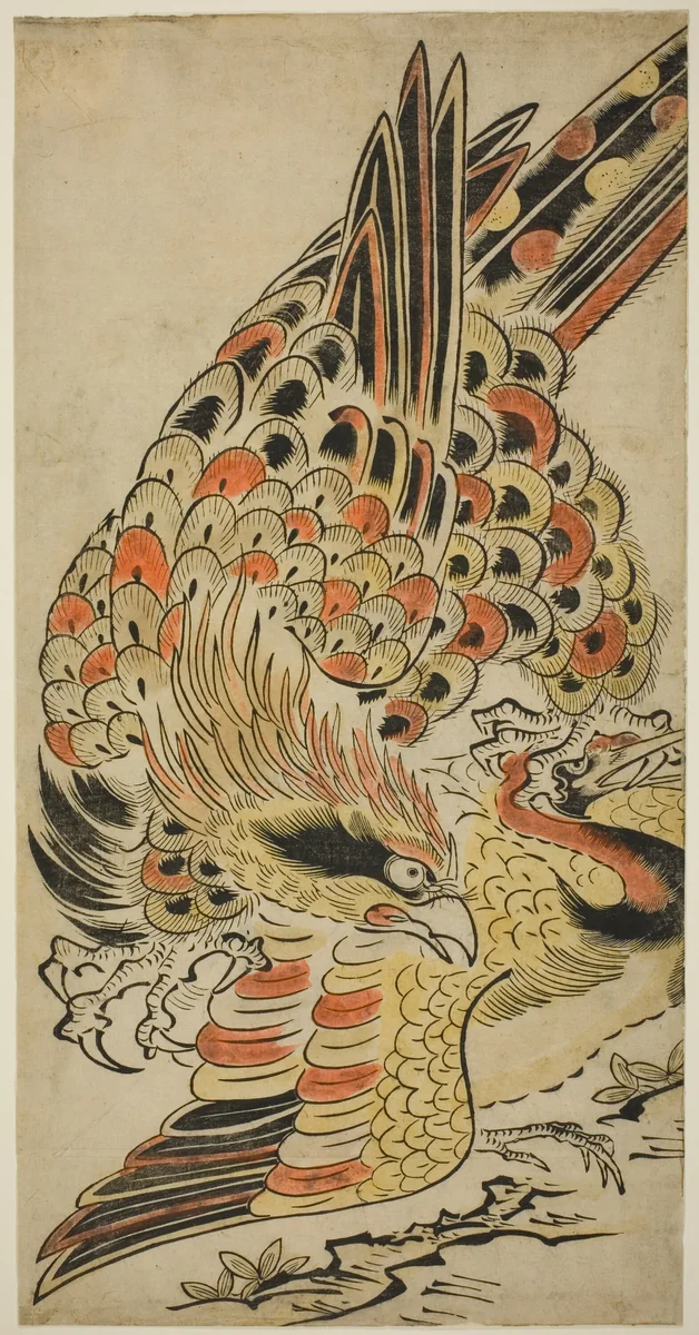 A Hawk Capturing a Crane in Flight by Torii Kiyomasu I, print, 1710-1718
