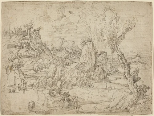 Landscape with the Baptism of Christ by Pieter Cornelisz Kunst, drawing, 1530