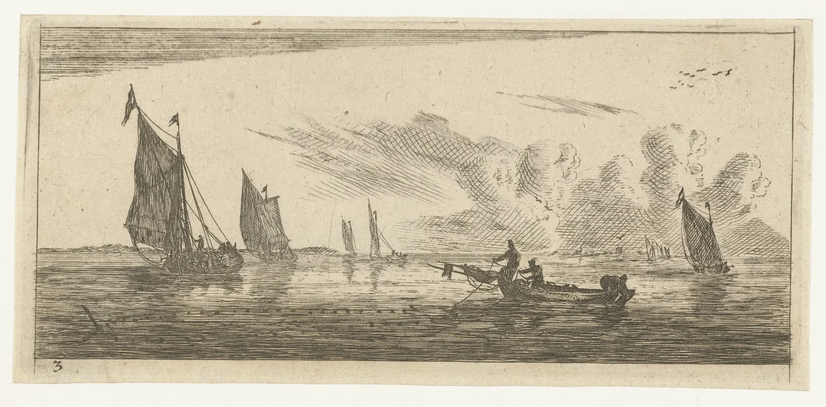 Zeegezicht met verschillende zeilschepen by Reinier Nooms, print, 1651-1652