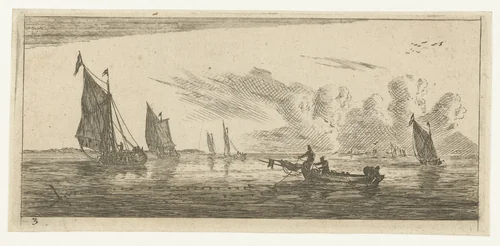 Zeegezicht met verschillende zeilschepen by Reinier Nooms, print, 1651-1652