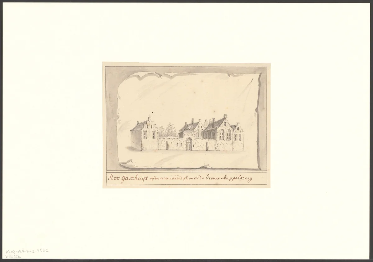 Gezicht op het Onze Lieve Vrouwe Gasthuis aan de Nieuwendijk by Antonina Houbraken, drawing, 1706-1736