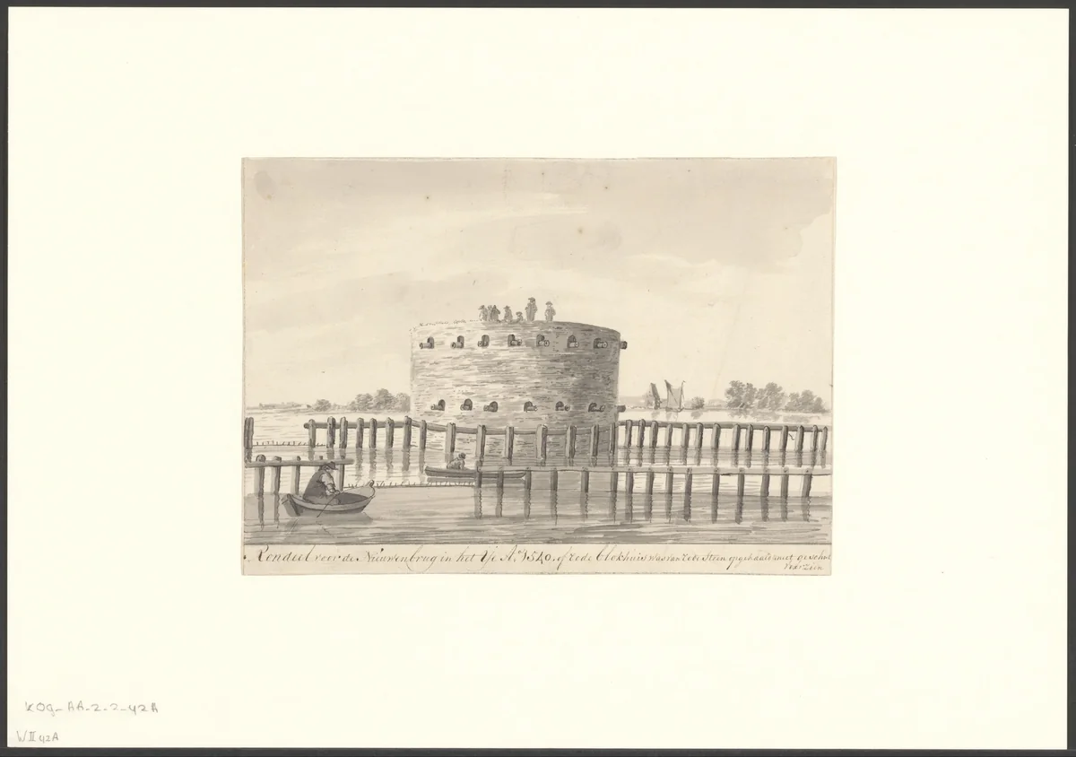 Gezicht op het Rondeel voor de Nieuwe Brug in het IJ by Hendrik Tavenier, drawing, 1744-1807