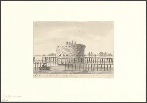 Gezicht op het Rondeel voor de Nieuwe Brug in het IJ by Hendrik Tavenier, drawing, 1744-1807