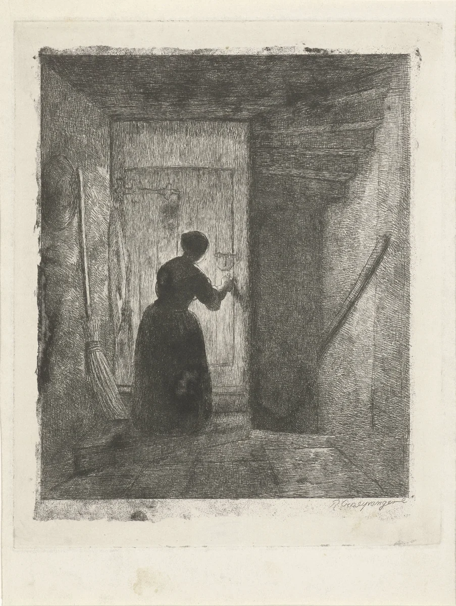 Vrouw voor een deur by Reinier Craeyvanger, print, 1822-1880