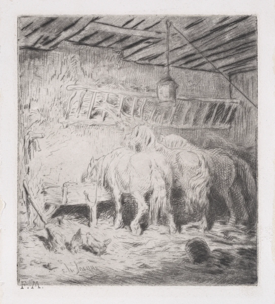 Stable by Charles Jacque, print, 1848