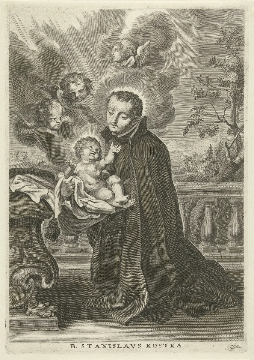 H. Stanislaus Kostka met het Christuskind in de armen by Unknown, print, 1586-1650