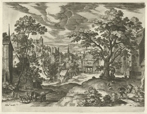 Dorpsgezicht met rechts een huifkar by Johann Sadeler, print, 1560-1600