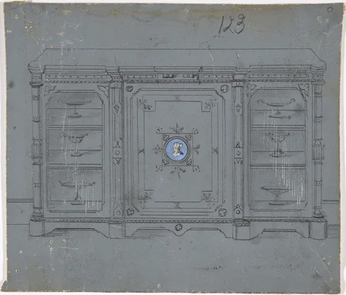 Design for a Cabinet witha Porcelain Plaque on the Center Panel by anonymous, drawing, 1800-1900