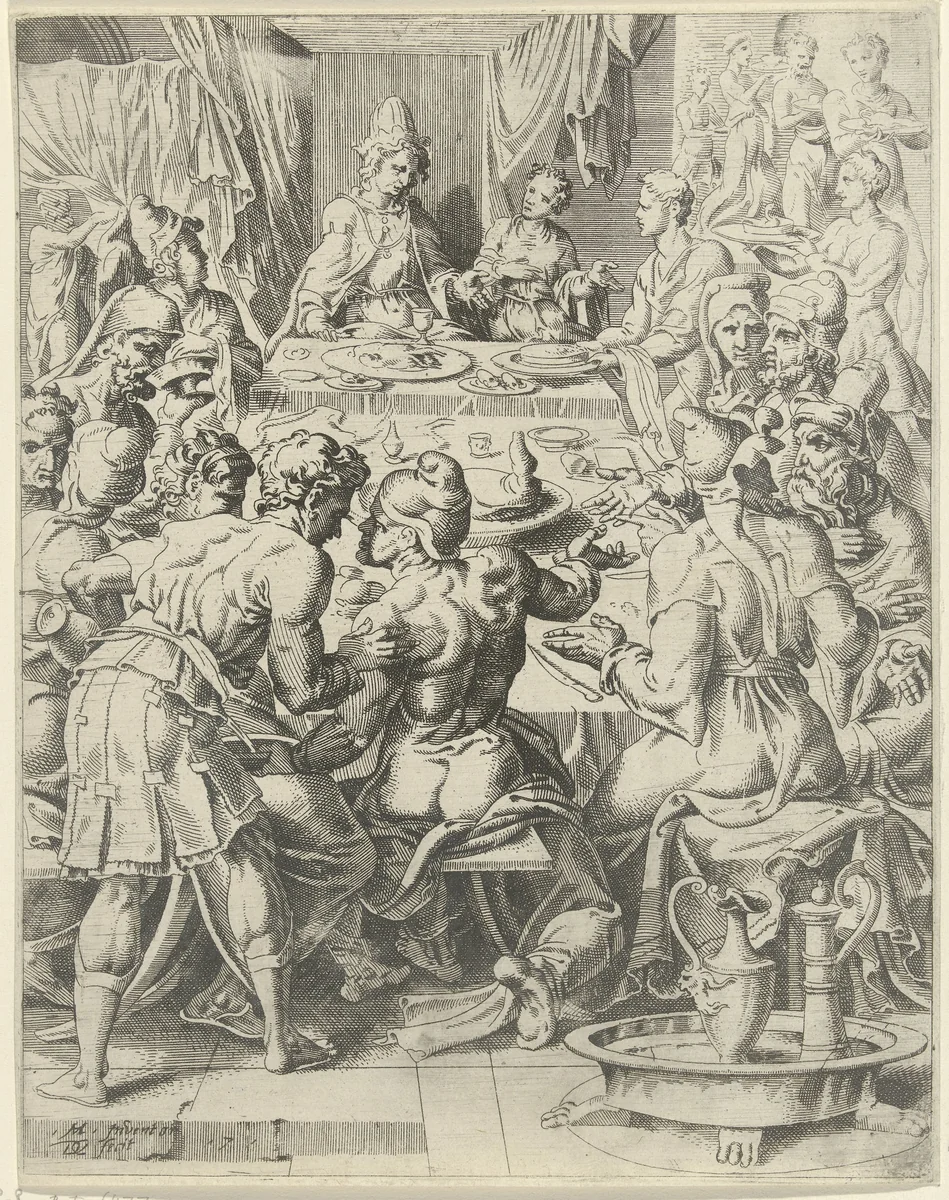 Jozef biedt zijn broers een feestmaal aan by Unknown, print, 1549-1550