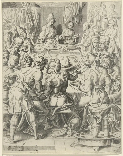 Jozef biedt zijn broers een feestmaal aan by Unknown, print, 1549-1550