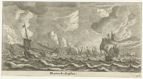 Haringbuizen op zee by Reinier Nooms, print, 1652-1654