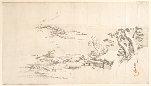 A Snow–clad Landscape with Gray Clouds by Katsushika Hokusai (葛飾 北斎), print, 1790-1810