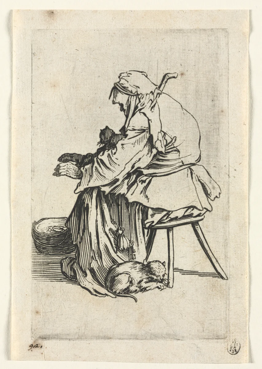 The Beggars: Old Woman and Cats by Jacques Callot, print, 1619-1627
