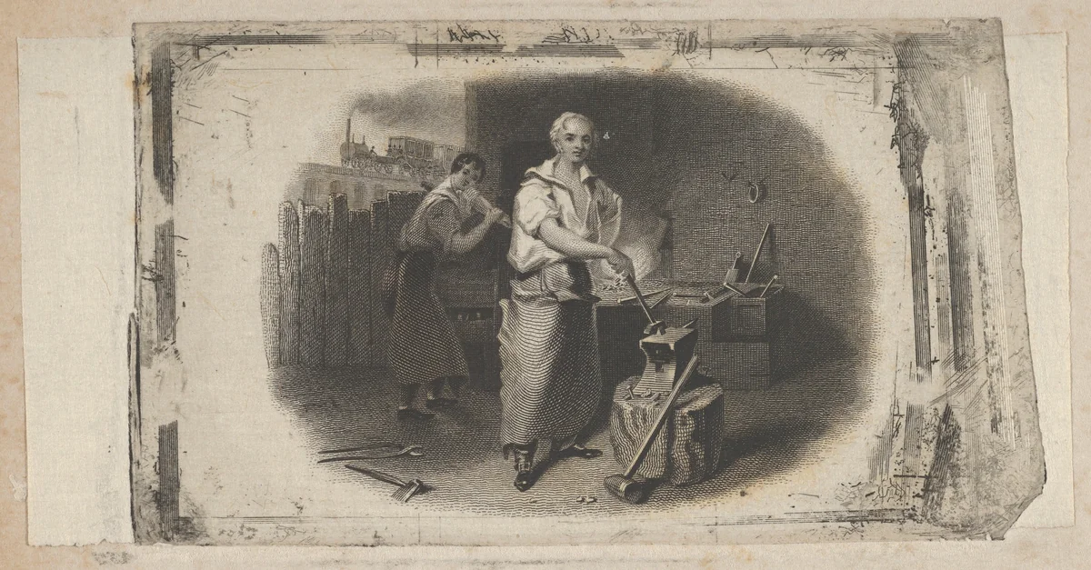 Banknote vignette with a blacksmith and forge by Asher Brown Durand, print, 1819-1837
