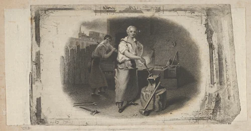 Banknote vignette with a blacksmith and forge by Asher Brown Durand, print, 1819-1837