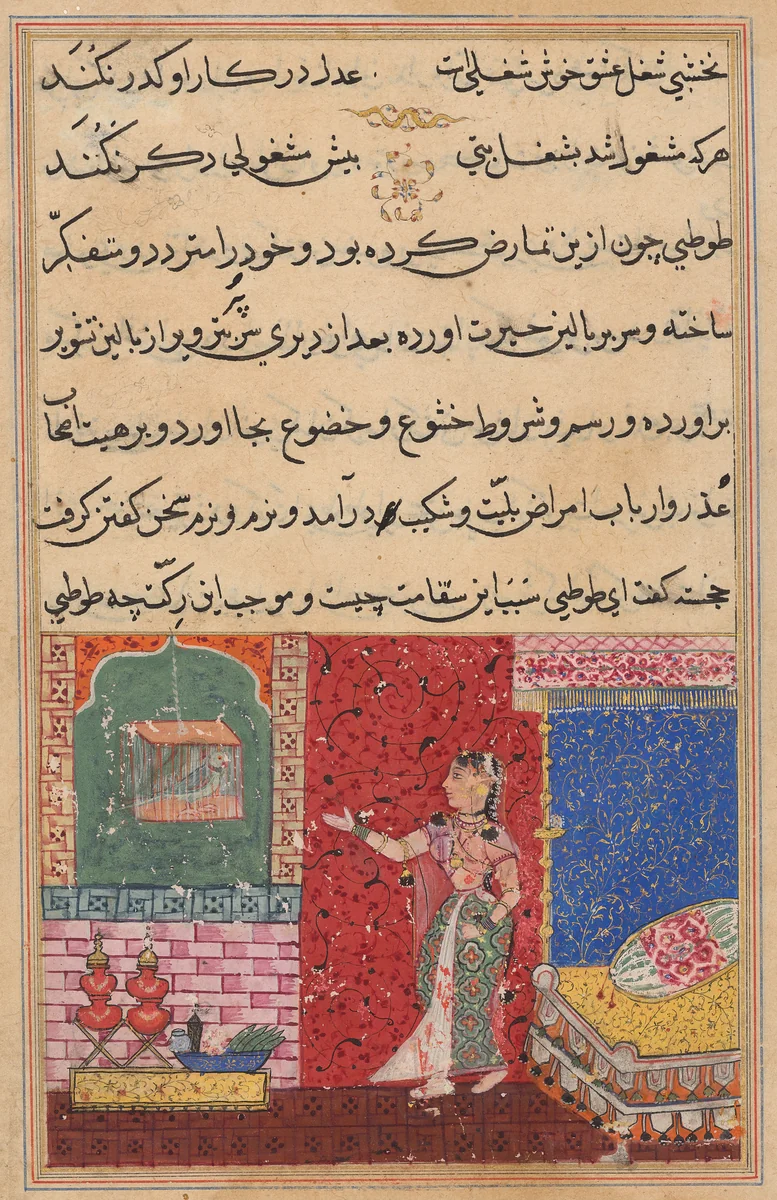 The Parrot Addresses Khujasta at the Beginning of the Fifteenth Night, from a Tuti-nama (Tales of a Parrot) by Unknown, painting, 1555-1565