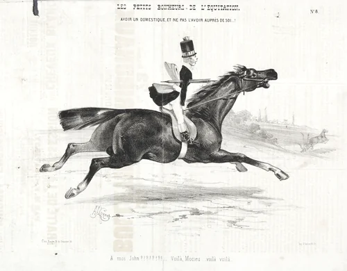 Les petits bonheurs de l'équitation: Avoir un domestique, et ne pas l'avoir auprès de soi... by Alade Joseph Lorentz, print, 1842