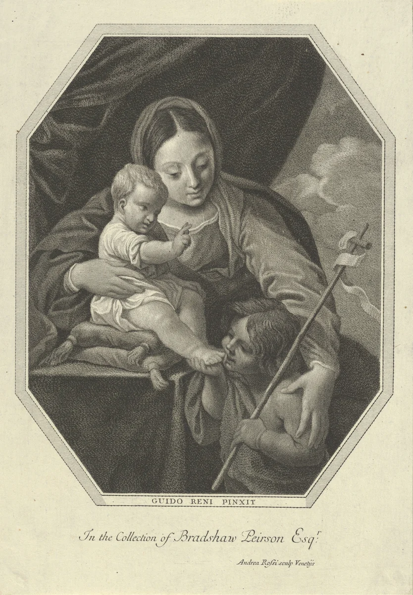 The Virgin with the infant Christ seated on a cushion and the young Saint John the Baptist kissing his foot, an octagonal composition, after Reni by Andrea Rossi, print, 1745-1775