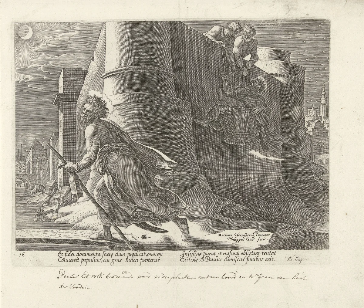 Paulus' vlucht uit Damascus by Unknown, print, 1582