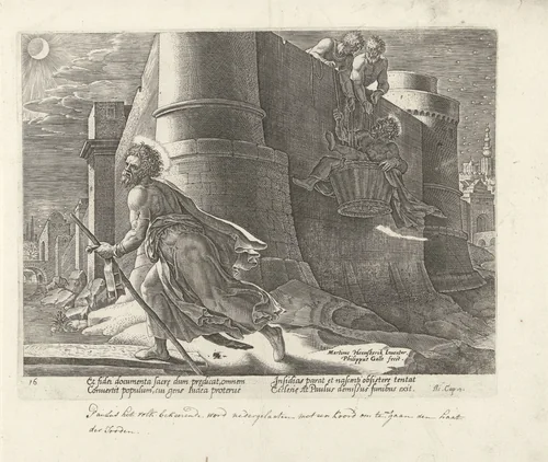 Paulus' vlucht uit Damascus by Unknown, print, 1582