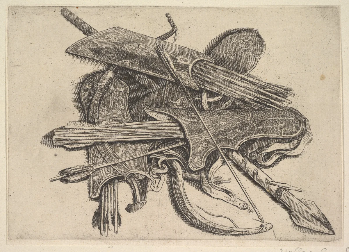 Bows, quivers and a spear by Wenceslaus Hollar, print, 1647