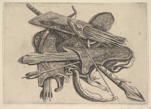 Bows, quivers and a spear by Wenceslaus Hollar, print, 1647