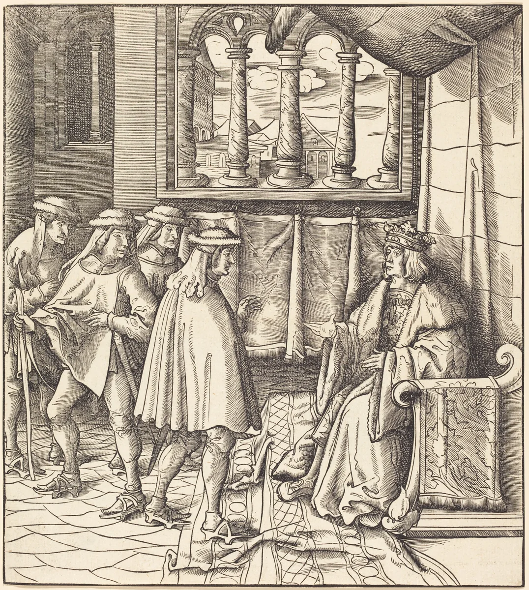 A King on a Throne, before him Four Men by Leonhard Beck, print, 1514-1516