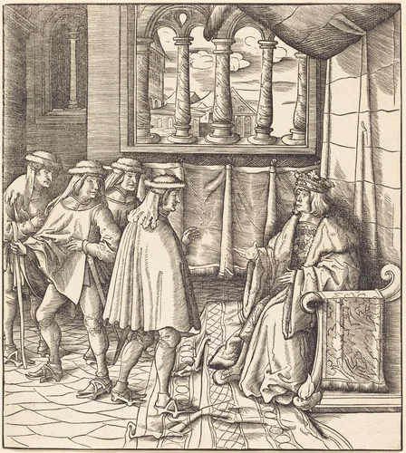 A King on a Throne, before him Four Men by Leonhard Beck, print, 1514-1516