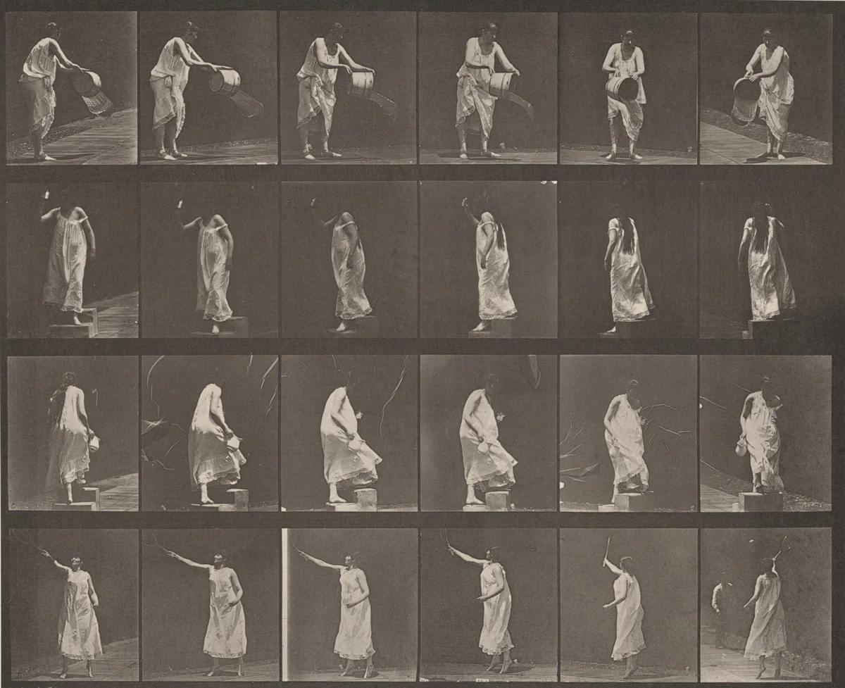 Plate Number 524. A: Throwing water from a bucket. B: Descending a step. C: Ascending a step. D: Playing lawn tennis by Eadweard Muybridge, photograph, 1887