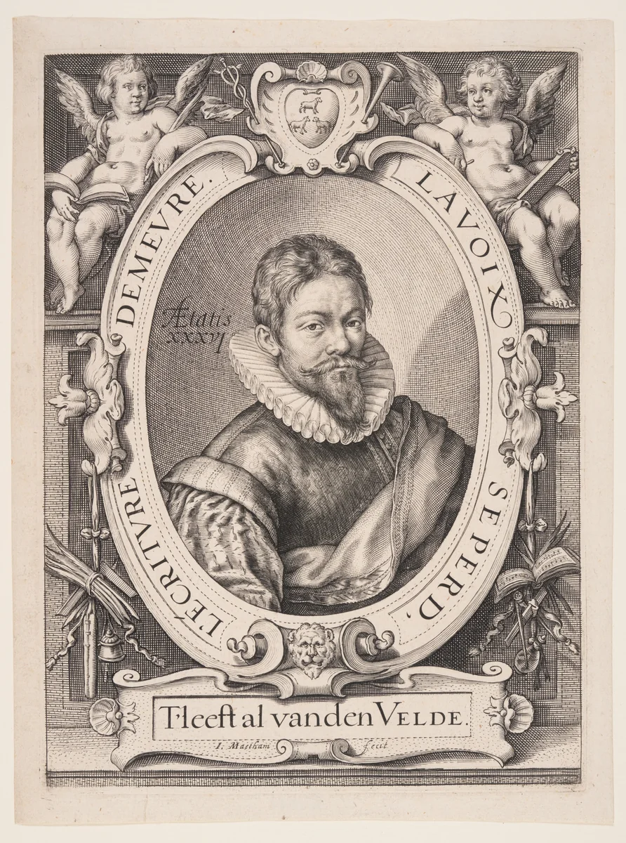 Jan van de Velde the Elder, Calligrapher in Haarlem by Jacob Matham, print, 1599-1609