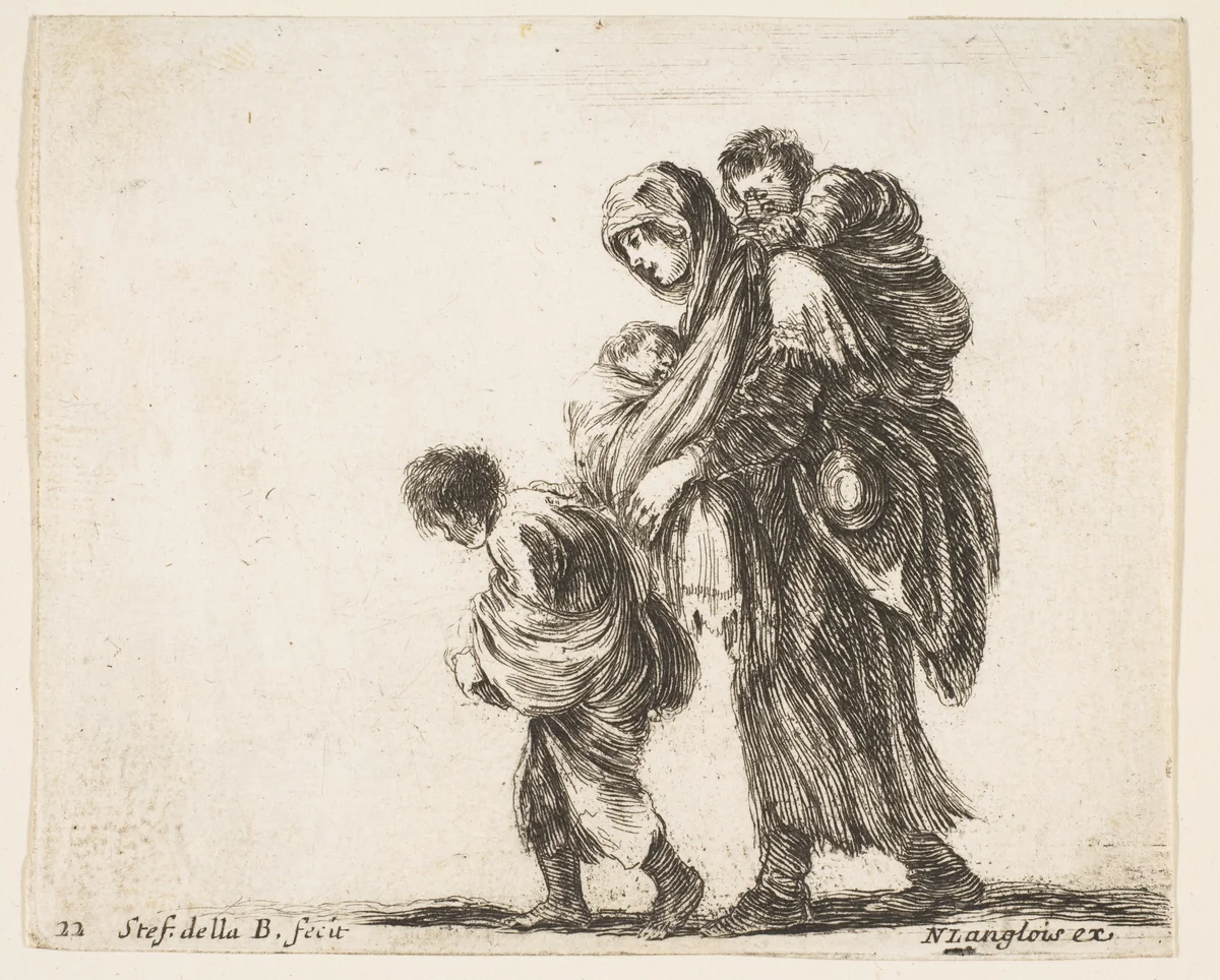 A beggar woman with three children, one child on her shoulders, one child in her arms, and one child who walks in front of her to left, plate 22 from "Diversi capricci" by Stefano della Bella, print, 1639-1649