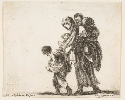 A beggar woman with three children, one child on her shoulders, one child in her arms, and one child who walks in front of her to left, plate 22 from "Diversi capricci" by Stefano della Bella, print, 1639-1649