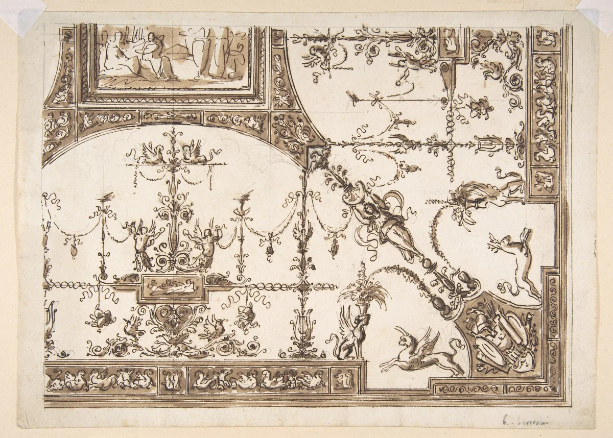 Ceiling Design with Grotesques by Antonio Liverani, drawing, 1805-1878