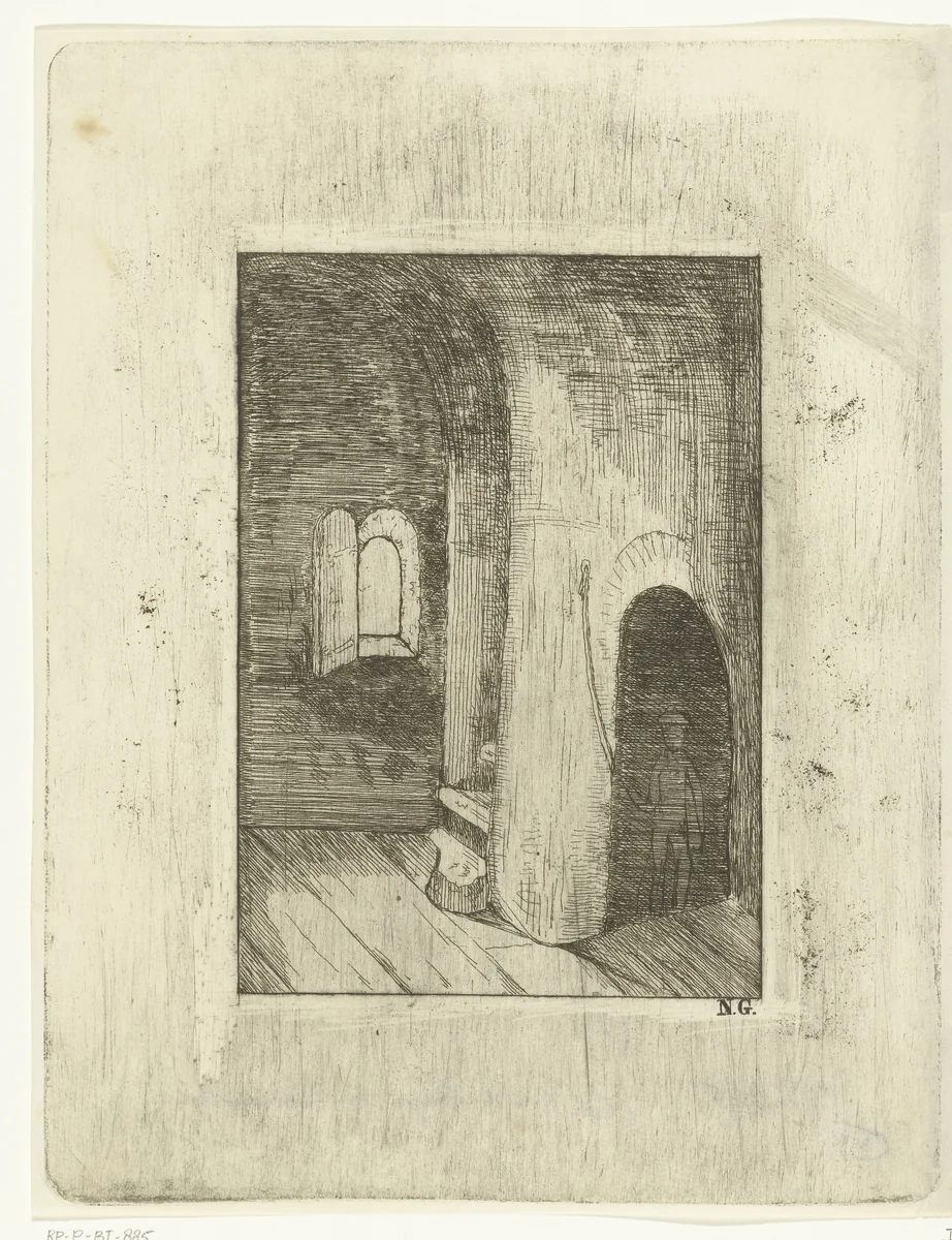Man loopt naar boven op wenteltrap in toren by Isaac Lambertus Cremer van den Berch van Heemstede, print, 1821-1879