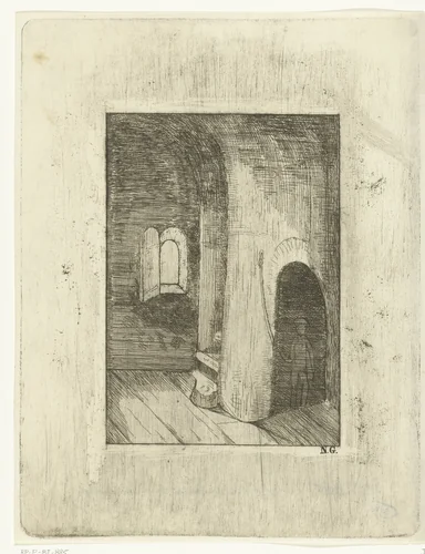 Man loopt naar boven op wenteltrap in toren by Isaac Lambertus Cremer van den Berch van Heemstede, print, 1821-1879