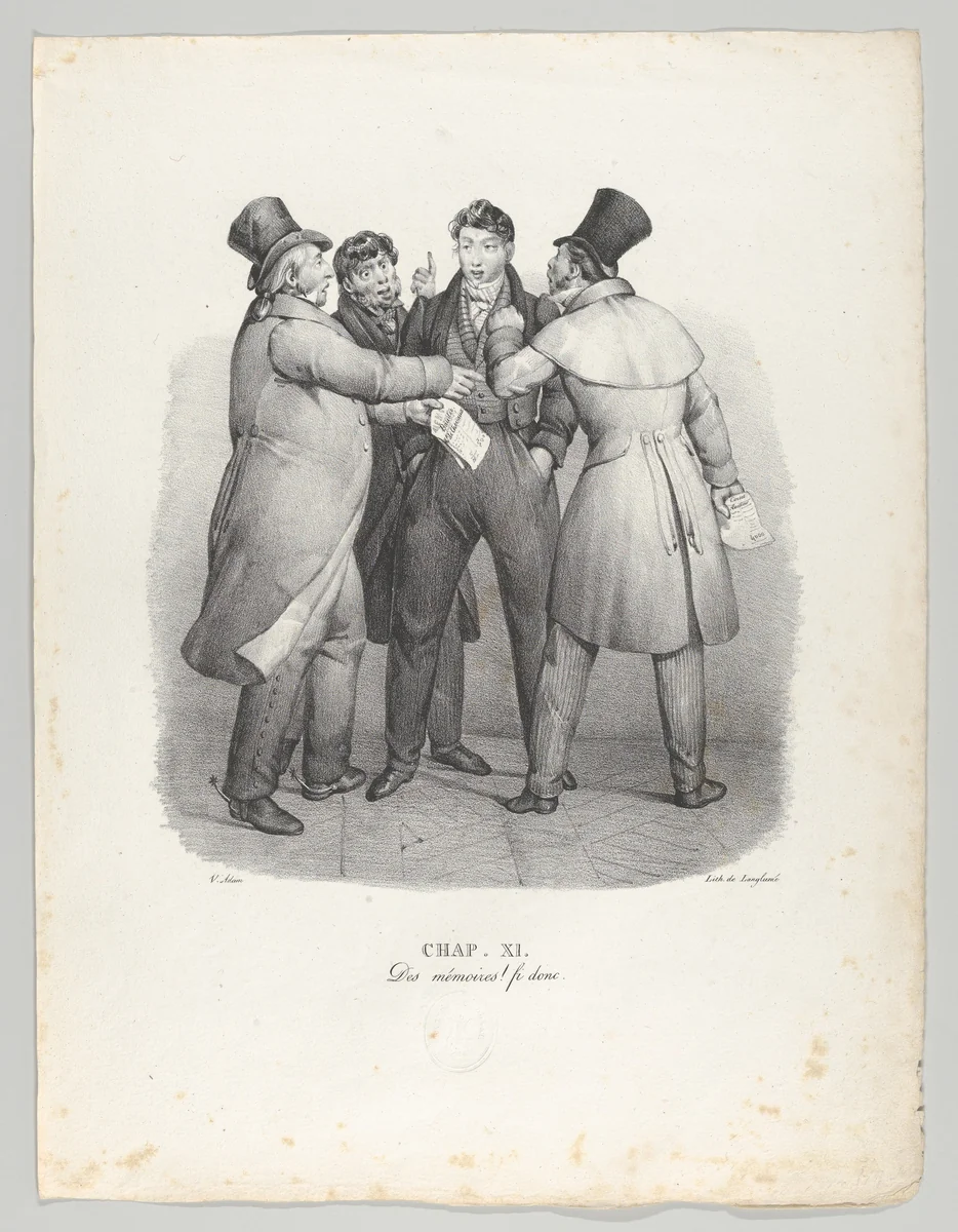 Chap. XI: Des Memoires! fi donc (IOUs, fie!) by Victor Adam, print, 1824