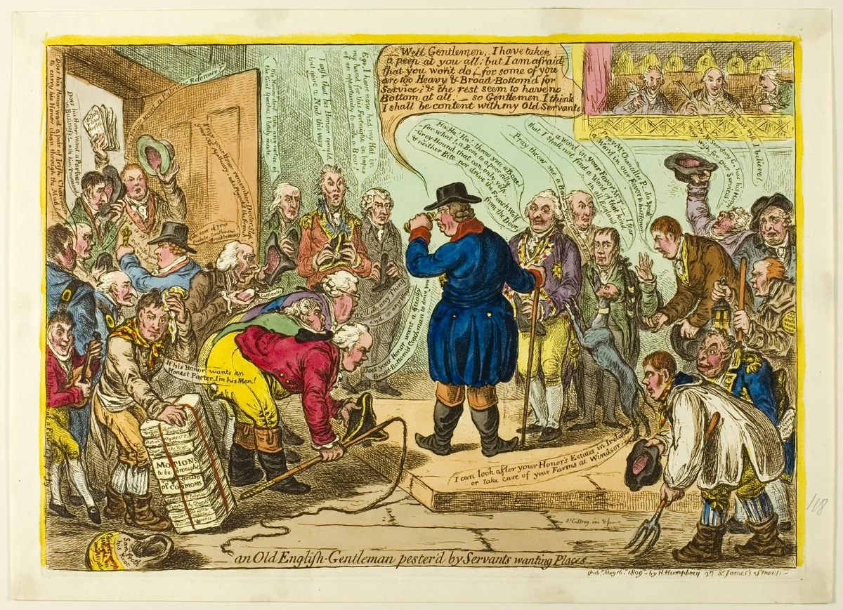 Old English-Gentleman Pester'd by Servants Wanting Places by James Gillray, print, 1809