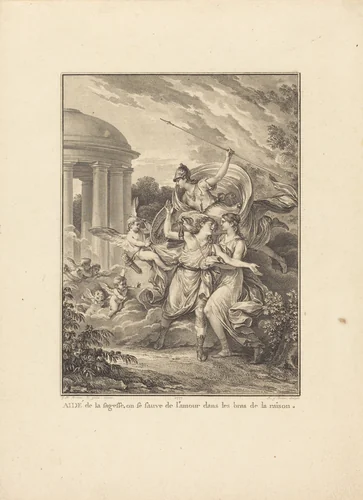 Frontispiece: Aidé de la sagesse, on se sauve de l'amour dans les bras de la raison by Antoine-Jean Duclos, print, 1777