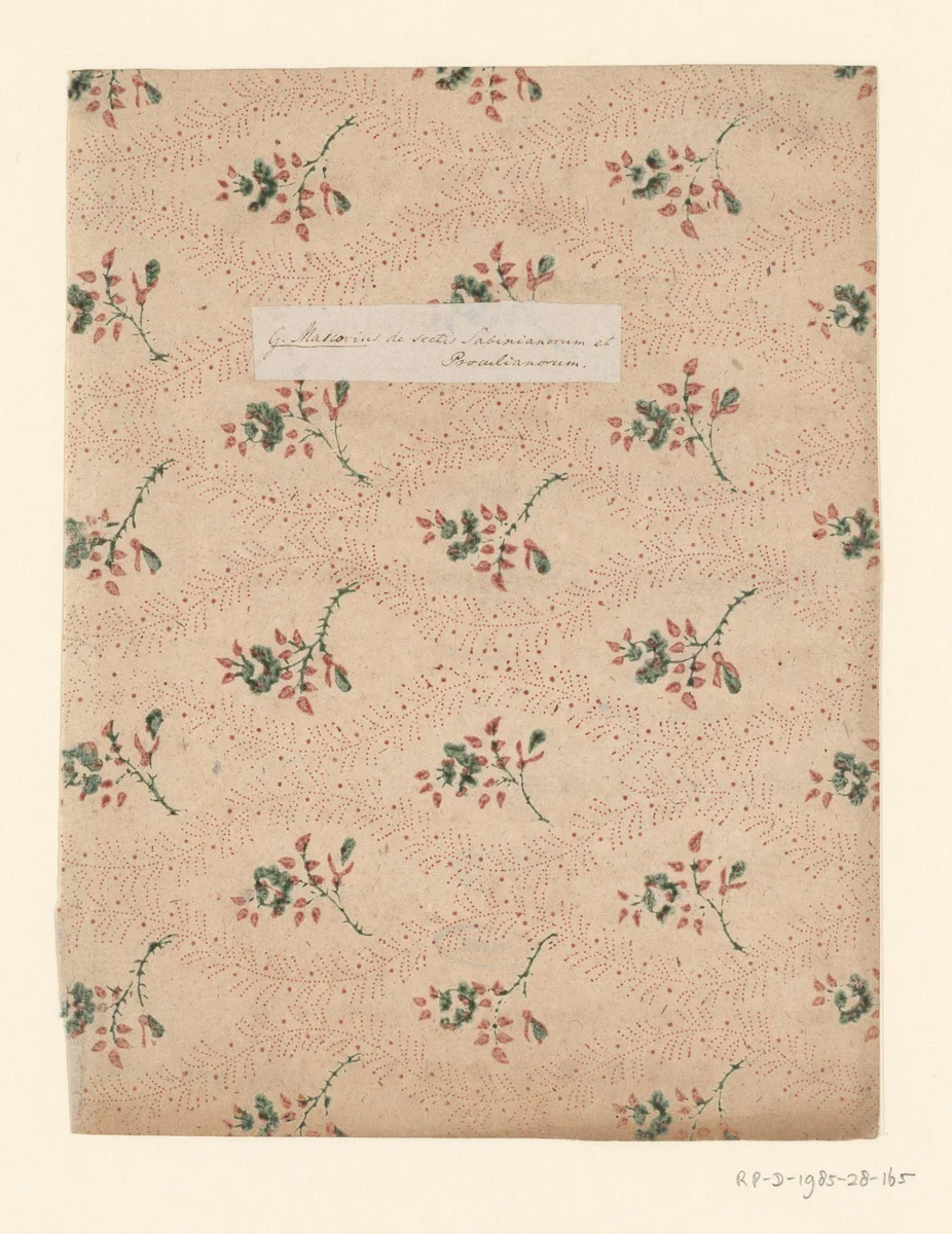 Blad met strooipatroon van bloemtakje omgeven door slingerende banen van punten by anonymous, other, 1750-1900