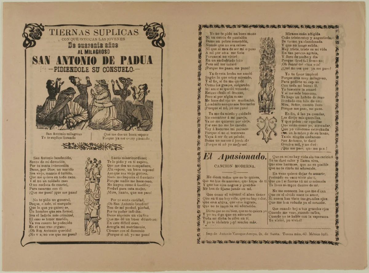 Heartfelt Pleas Invoked by the Youth of 40 Years to the Miraculous St. Anthony of Padua Asking for his Consolation by José Guadalupe Posada, print, 1911