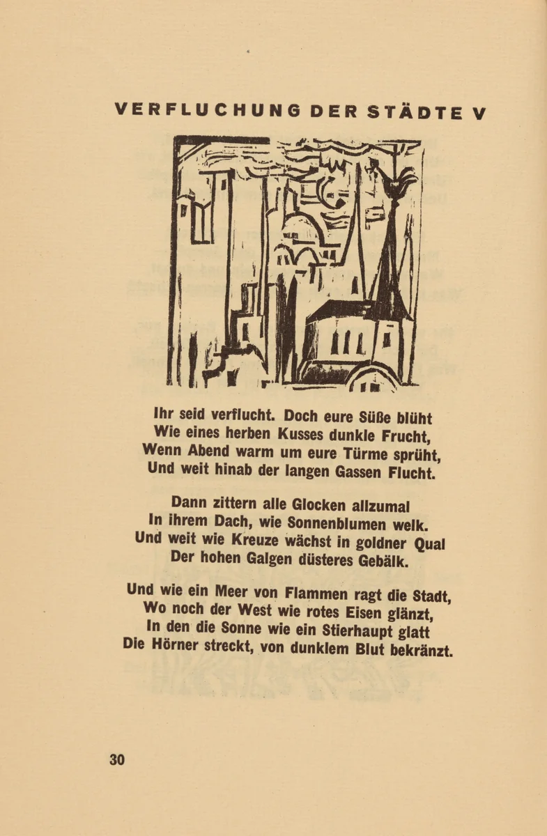 Verfluchung der Städte V) (headpiece, page 30) from Georg Heym: Umbra Vitae (Georg Heym: The Shadow of Life) by Ernst Ludwig Kirchner, volume, 1924