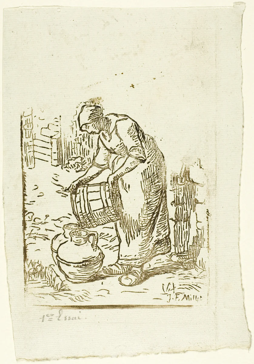 Woman Filling Water-Cans by Pierre Millet, print, 1854