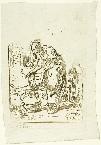 Woman Filling Water-Cans by Pierre Millet, print, 1854